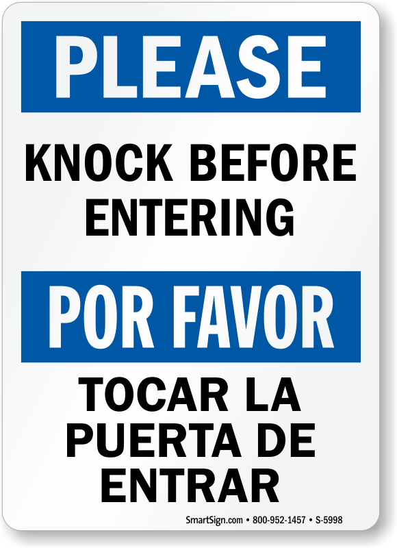 Bilingual Knock Before Entering Sign Ships Free, SKU S5998