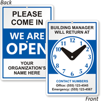 Custom 2-Sided Building Manager Be Back Sign