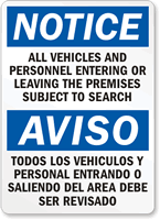 Notice Vehicles; Personnel Subject To Search Bilingual