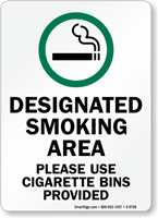 Designated Smoking Area, Please Use Cigarette Bins Sign