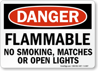 Flammable No Smoking, Matches Or Open Lights Sign