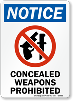 Notice, Concealed Weapons Prohibited Sign