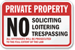 Private Property No Soliciting Loitering Trespassing Sign