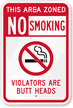 Area Zoned, No Smoking, Violators Butt Heads Sign