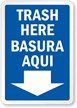 Bilingual Trash Here Sign (with Arrow)