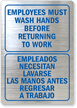 Bilingual: Employees Must Wash Hands Before Returning to Work (Empleados Necesitan Lavarse Las Manos Antes Regresar A Trabajo)