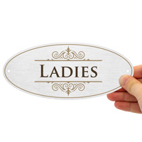 Diamond plate ladies bathroom door sign
