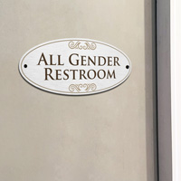 Silver all-gender bathroom plaque