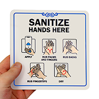 Showcase sanitize hands here sign