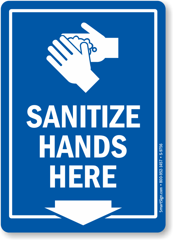 with English... 10 X 7 in ComplianceSigns Plastic Sanitize Hands Here Sign 