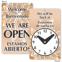 We Are Open Bilingual Be Back Clock Sign