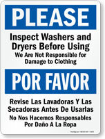 Bilingual Inspect Washers And Dryers Before Using Sign