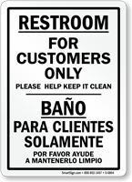 Bilingual Restroom For Customers Only Sign