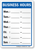 Weekly Business Hours Of Operation Sign