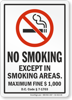 Washington DC No Smoking Except In Smoking Areas Sign
