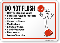 Do Not Flush Wipes Trash Of Any Kind Plunger Mascot Sign