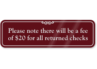 Fee Of $20 For Returned Checks Signs