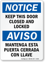 Bilingual Keep Door Closed Locked Notice Sign