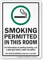 Maryland Smoking Permitted In This Room Sign